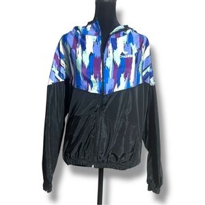 Choss Women's Blue/Purple Patterned and Black Hooded Light Windbreaker Jacket
